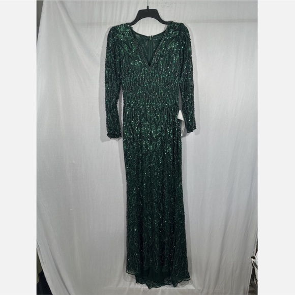 NWT $598 Mac Duggal [ 6 ] Long‎ Sleeve Beaded V-Neck Gown in Forest Green - Picture 8 of 14